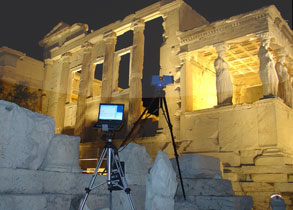 external view of erechtheion and 3d laser scanners equipment