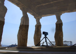 inner structure of Erechtheion with 3d laser scanners posiioned