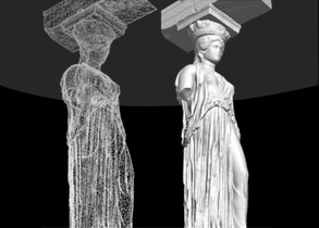 side by side comparison of Erechtheion statue pillar 3d and hologram image taken by 3d laser scanners